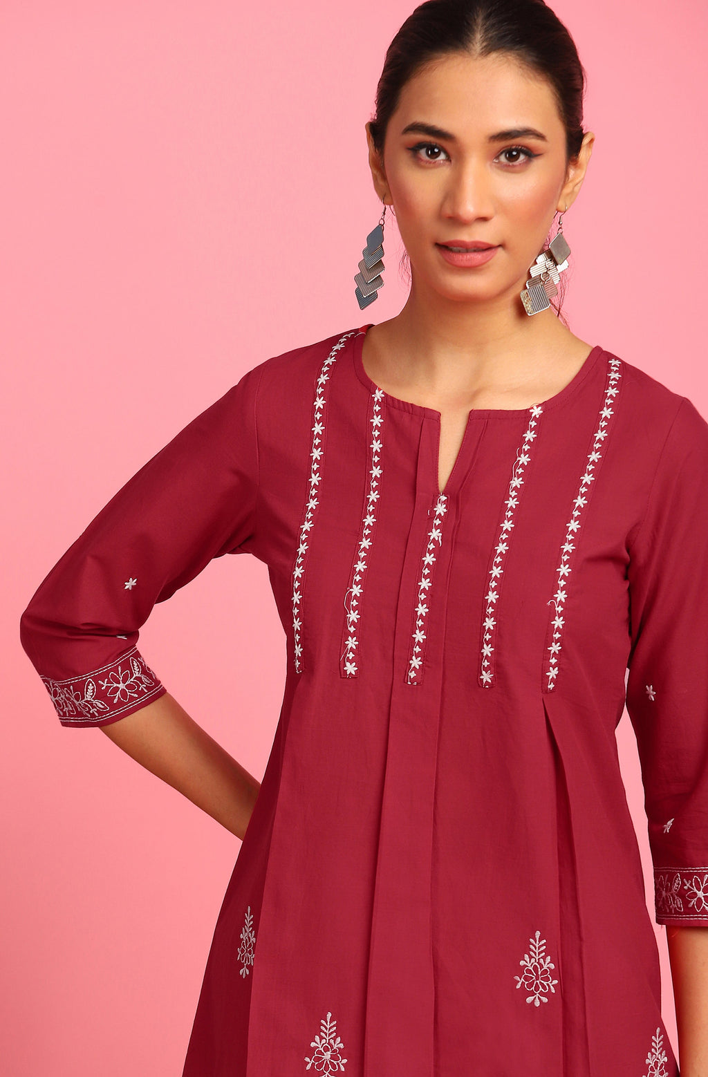Janasya Women's Maroon Cotton Embroidered Trapeze Tunic - Distacart