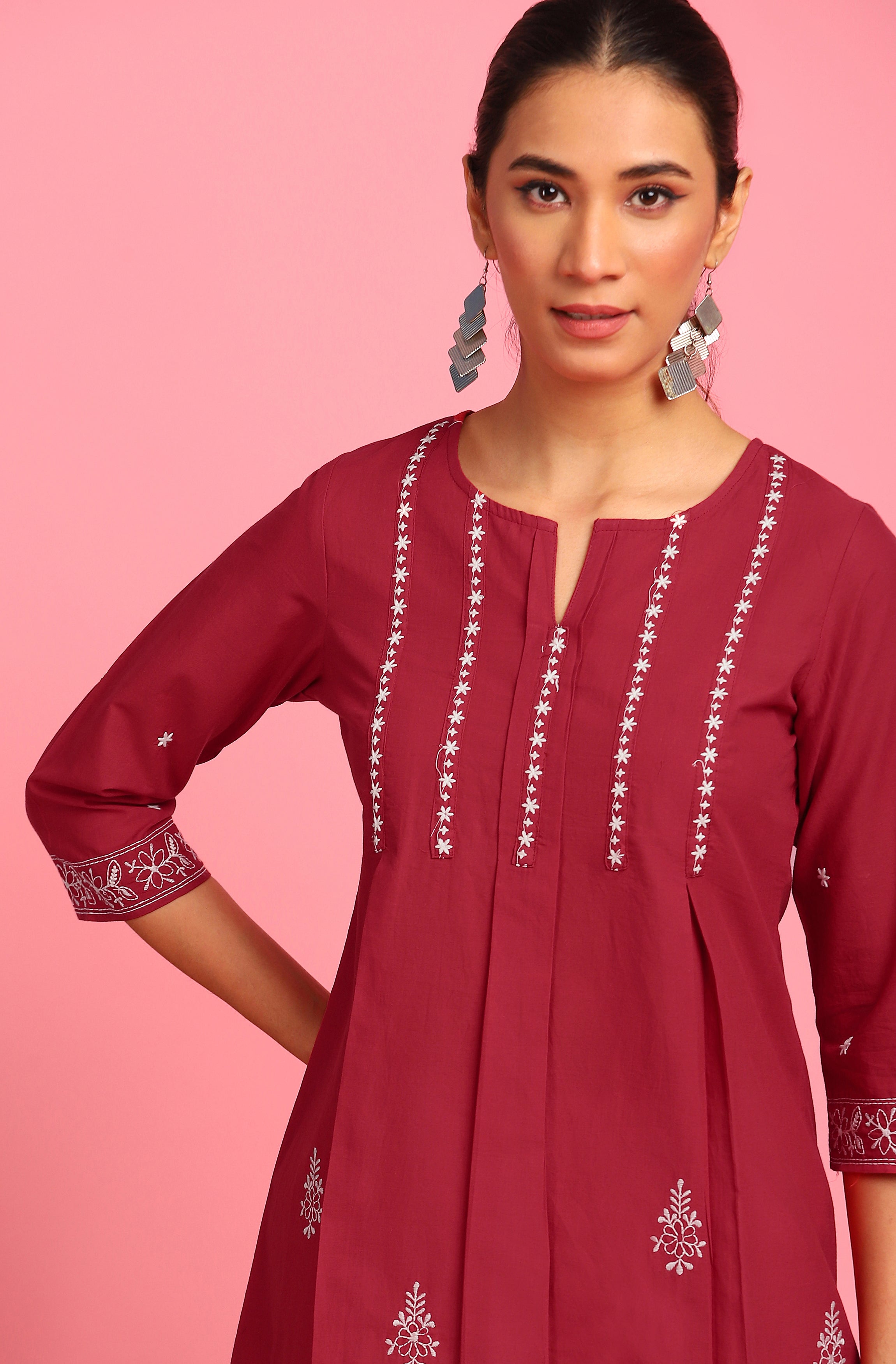 Janasya Women's Maroon Cotton Embroidered Trapeze Tunic - Distacart