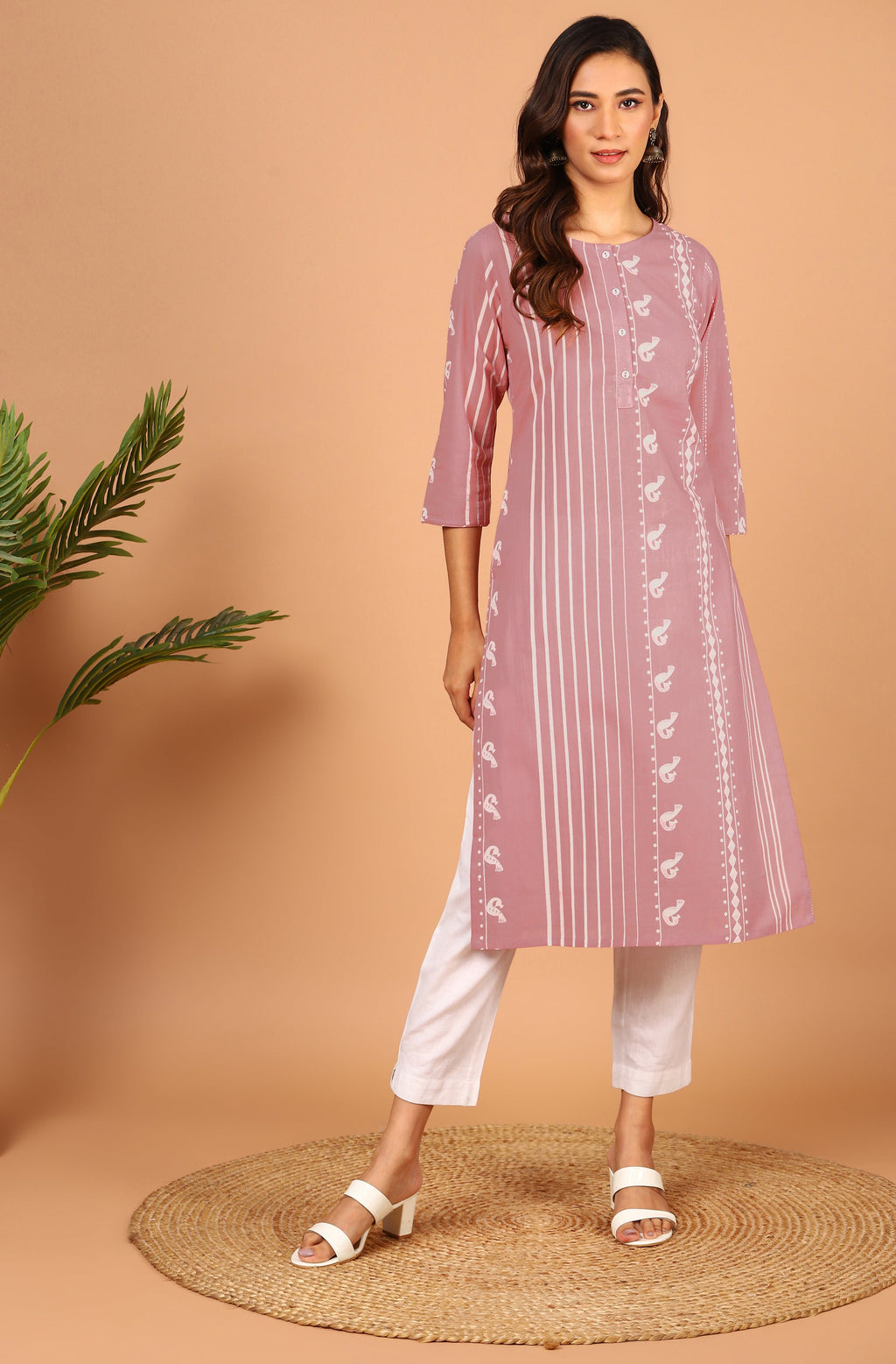 Janasya Pastel Pink Cotton Ethnic Motifs Straight kurta
