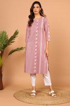 Janasya Pastel Pink Cotton Ethnic Motifs Straight kurta