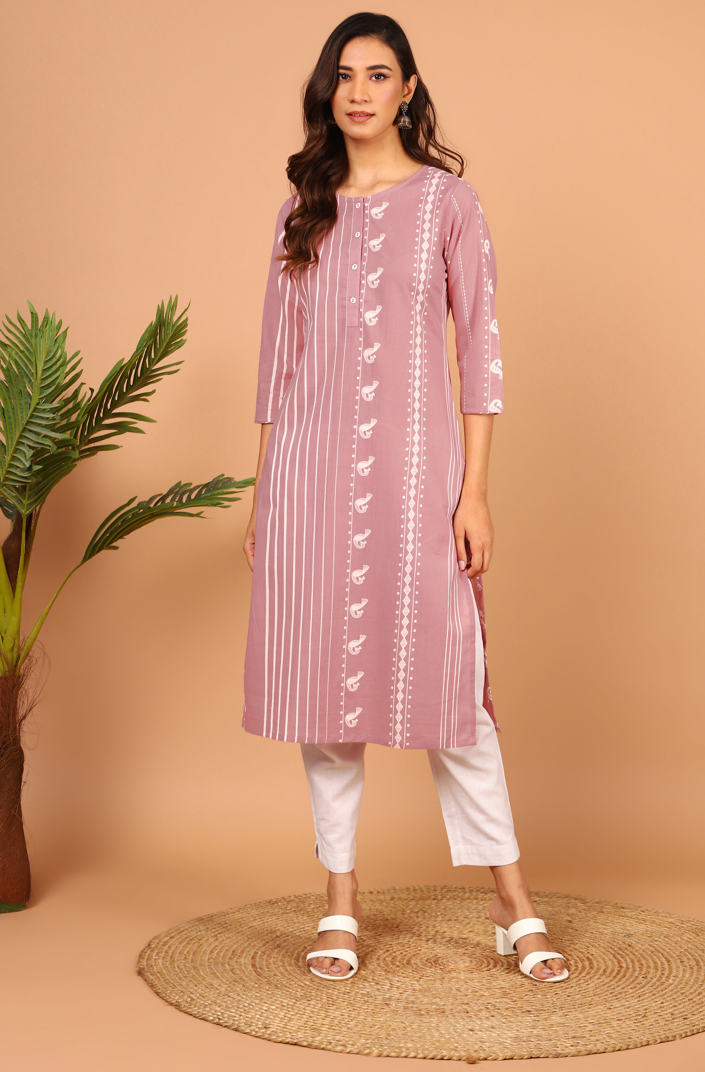 Janasya Pastel Pink Cotton Ethnic Motifs Straight kurta