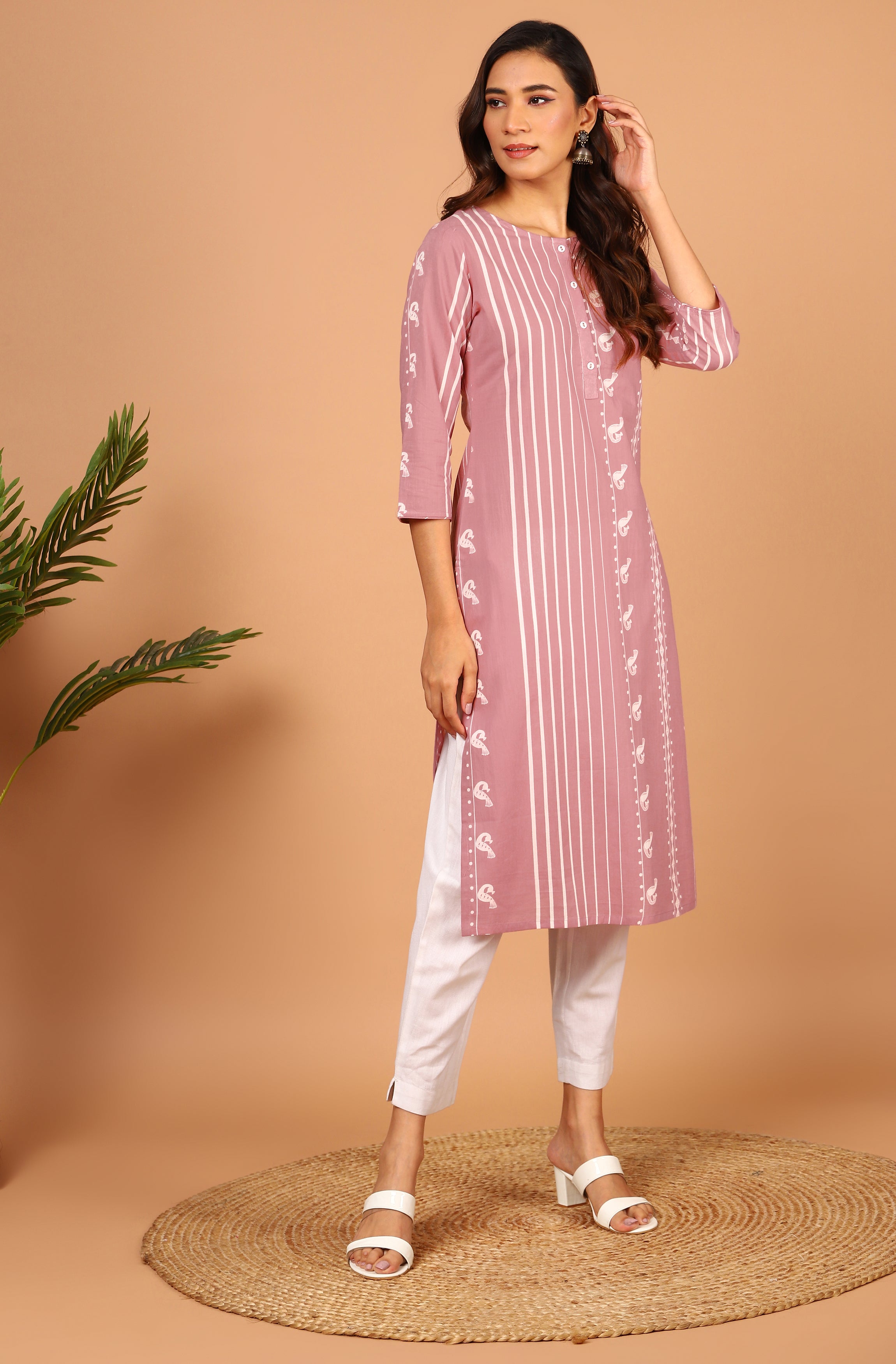 Janasya Pastel Pink Cotton Ethnic Motifs Straight kurta
