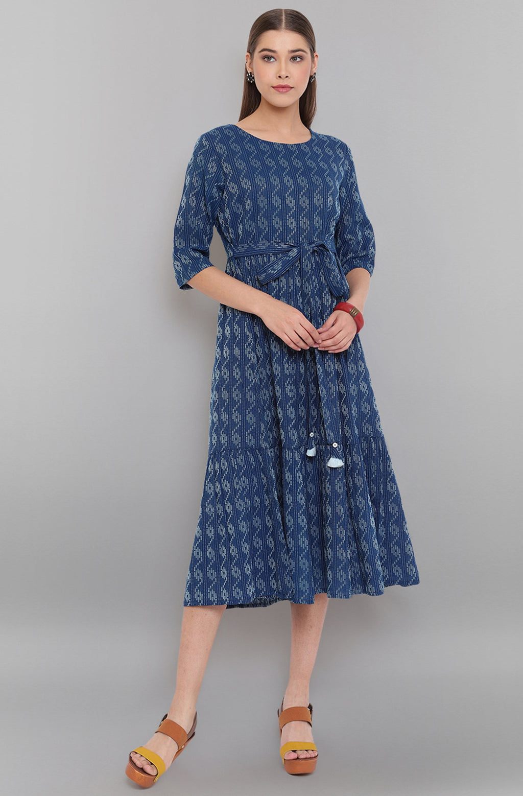 Janasya Blue Cotton Woven Design Flared Casual Dress - Distacart