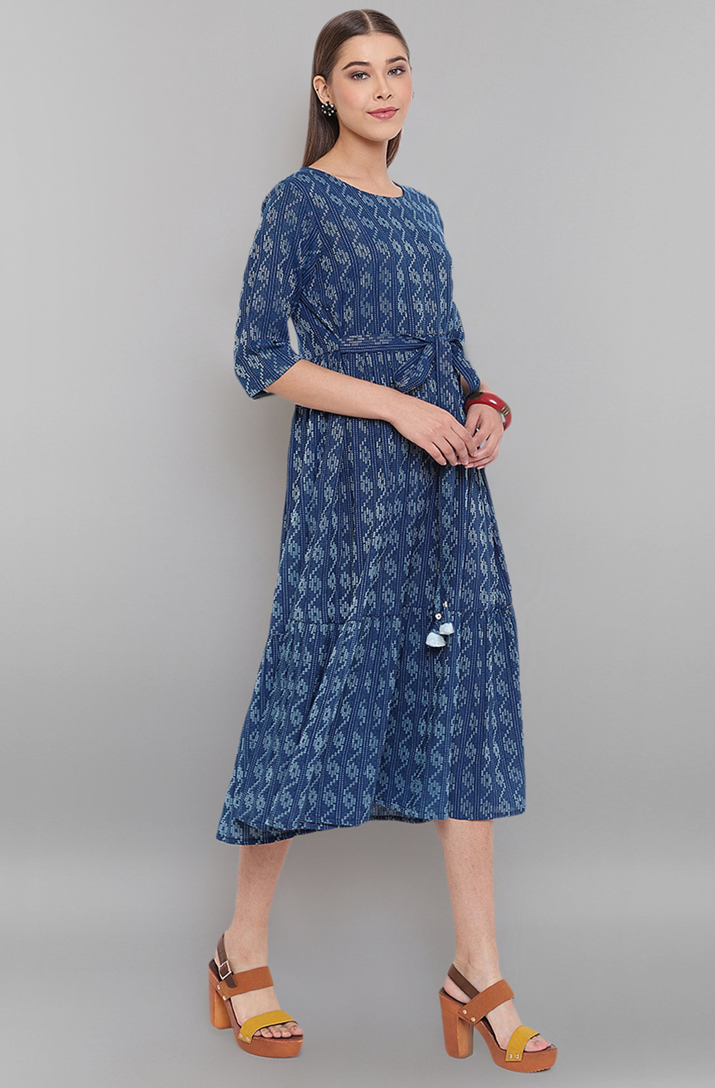 Janasya Blue Cotton Woven Design Flared Casual Dress - Distacart