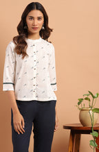 Janasya Women's Off White Cotton Slub Animal Print Shirt Style Top - Distacart