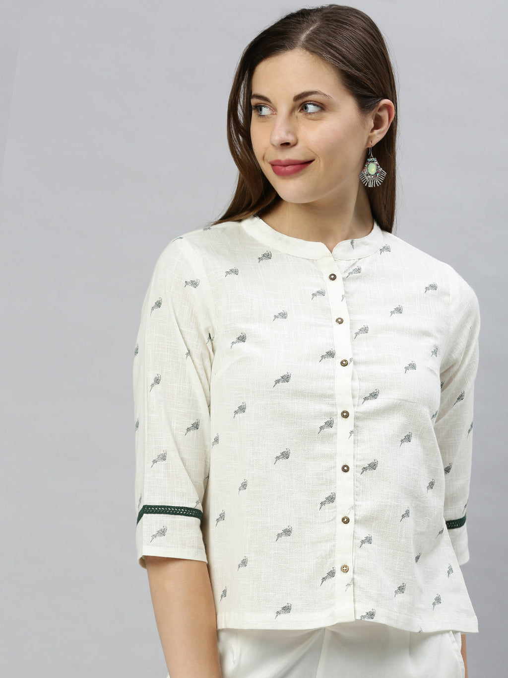 Janasya Women's Off White Cotton Slub Animal Print Shirt Style Top - Distacart
