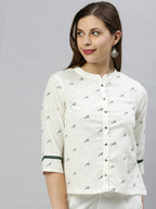 Janasya Women's Off White Cotton Slub Animal Print Shirt Style Top - Distacart