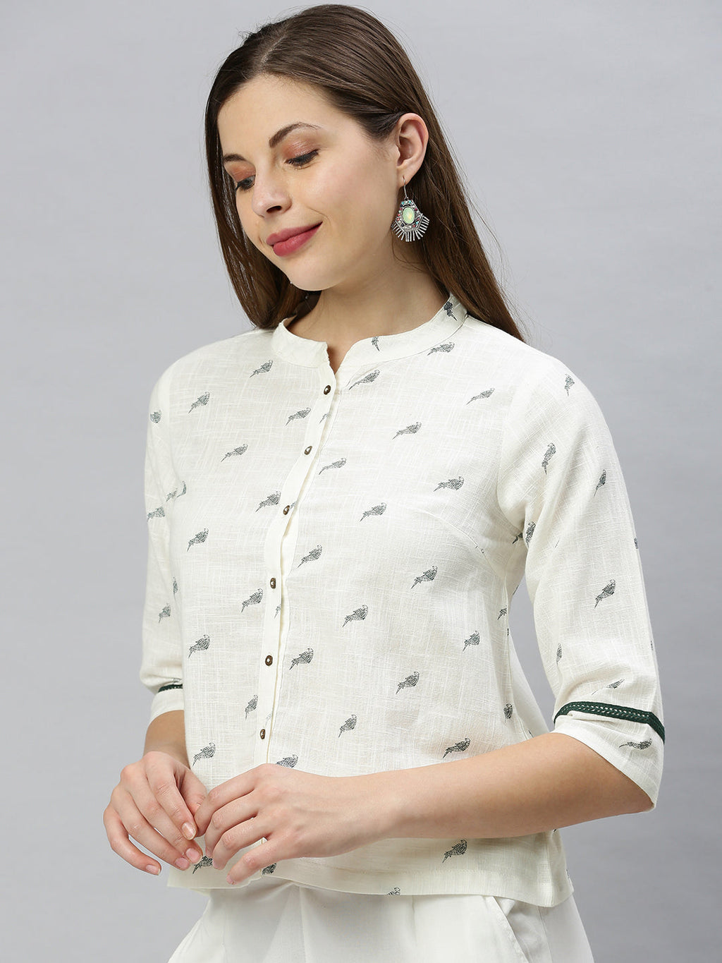Janasya Women's Off White Cotton Slub Animal Print Shirt Style Top - Distacart