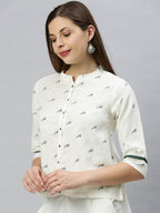Janasya Women's Off White Cotton Slub Animal Print Shirt Style Top - Distacart