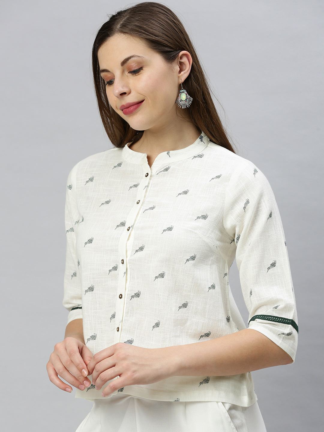 Janasya Women's Off White Cotton Slub Animal Print Shirt Style Top - Distacart