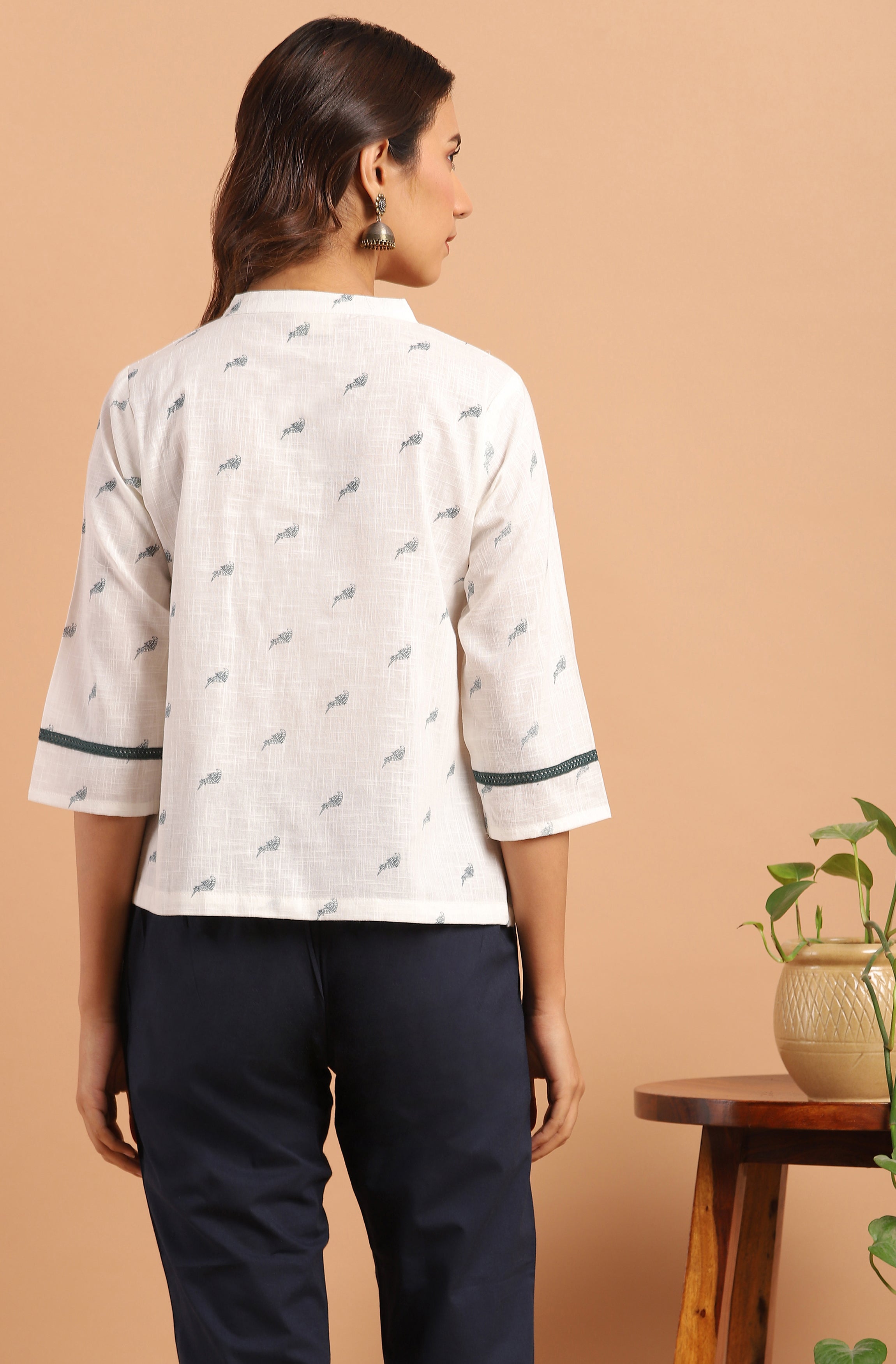 Janasya Women's Off White Cotton Slub Animal Print Shirt Style Top - Distacart