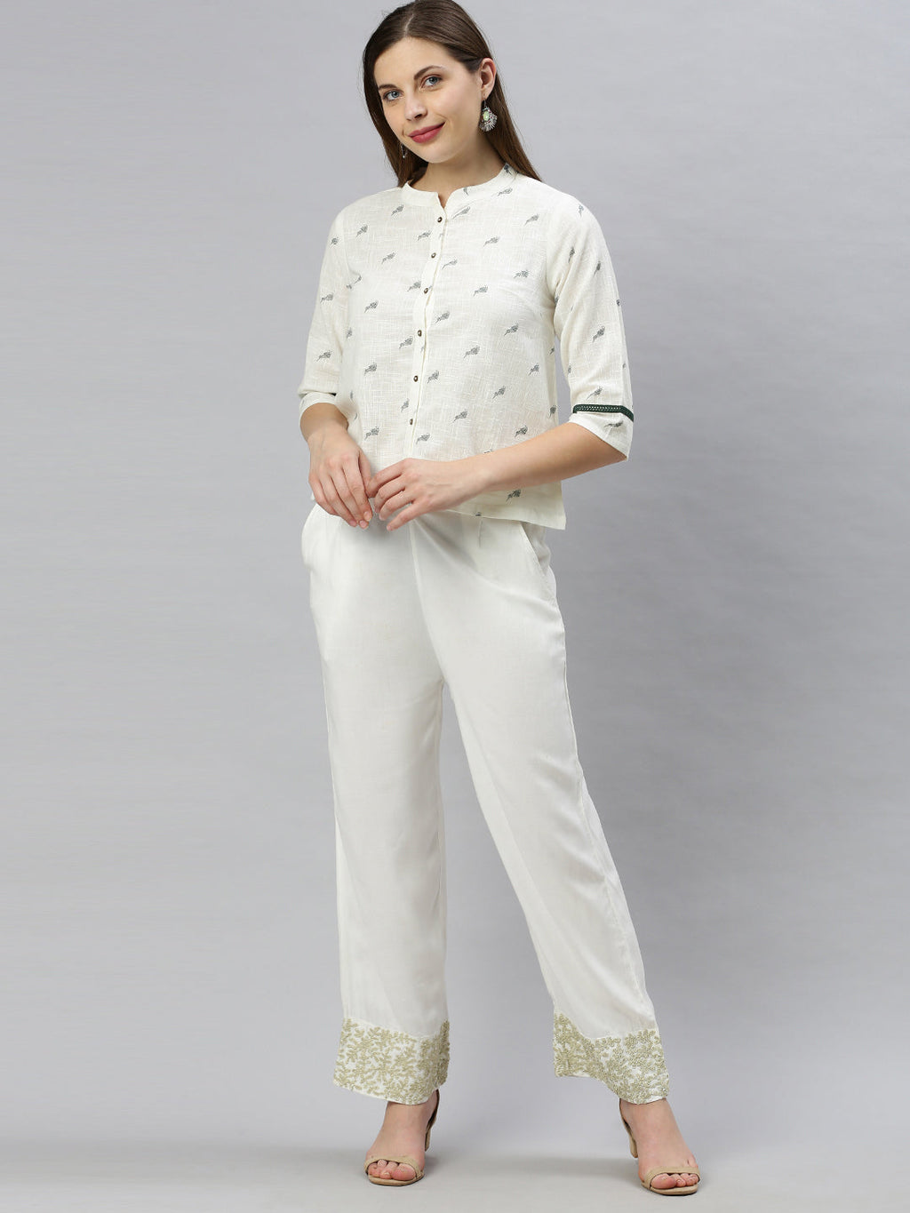 Janasya Women's Off White Cotton Slub Animal Print Shirt Style Top - Distacart