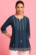 Janasya Women's Navy Blue Cotton Embroidered Trapeze Tunic - Distacart