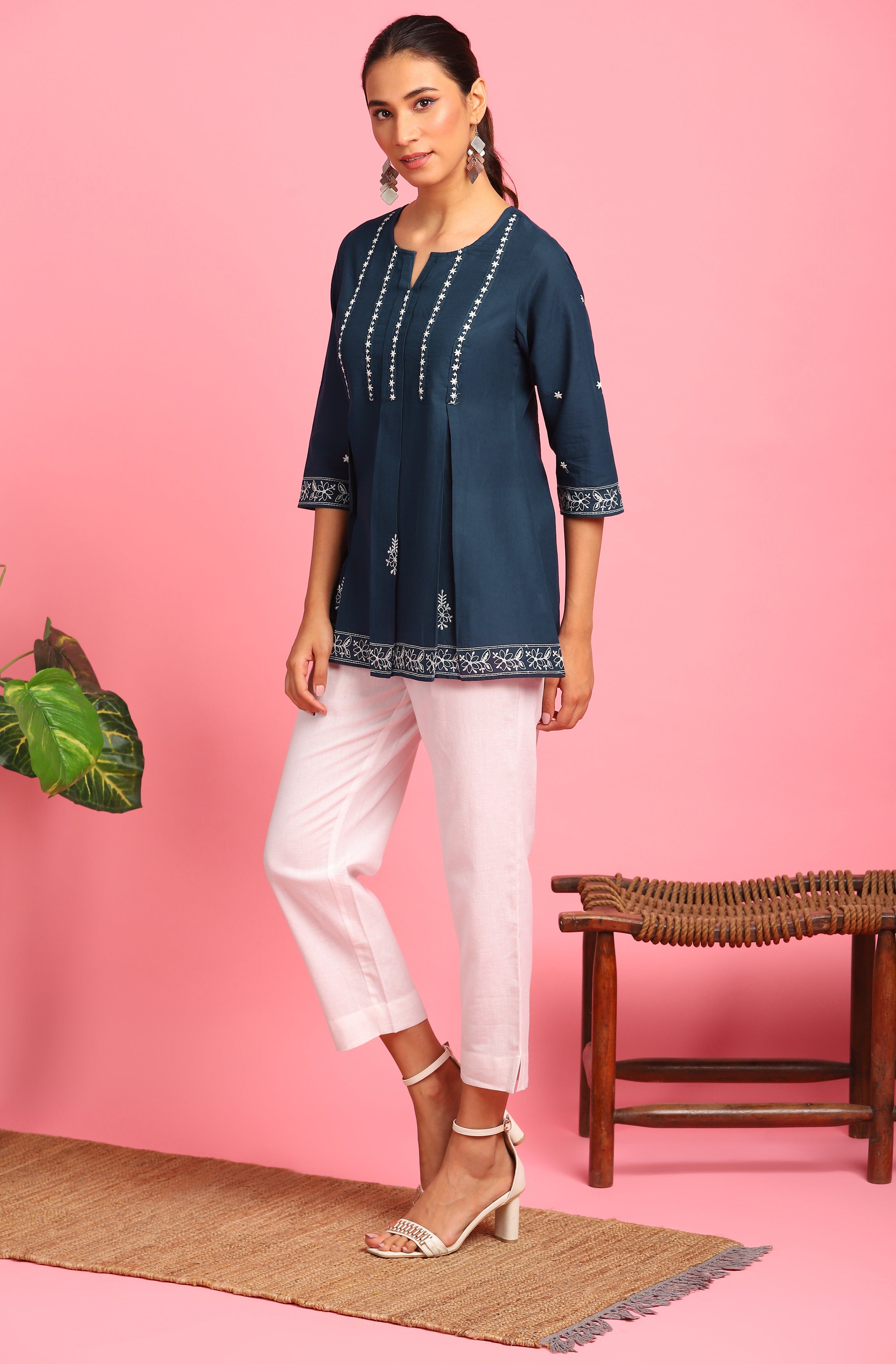 Janasya Women's Navy Blue Cotton Embroidered Trapeze Tunic - Distacart