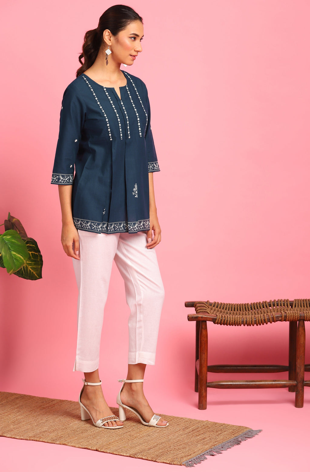 Janasya Women's Navy Blue Cotton Embroidered Trapeze Tunic - Distacart