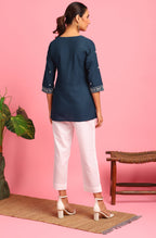 Janasya Women's Navy Blue Cotton Embroidered Trapeze Tunic - Distacart