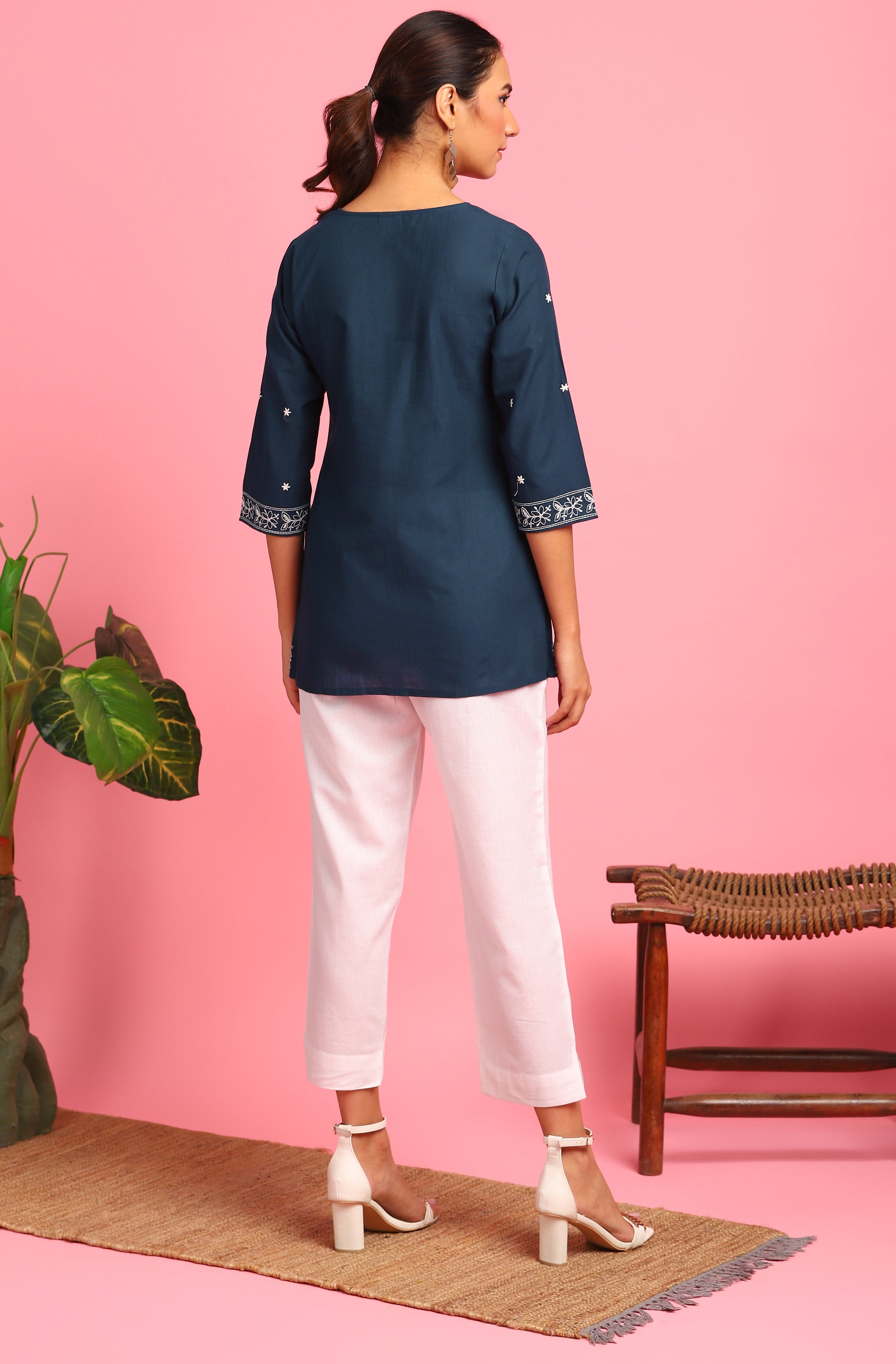 Janasya Women's Navy Blue Cotton Embroidered Trapeze Tunic - Distacart
