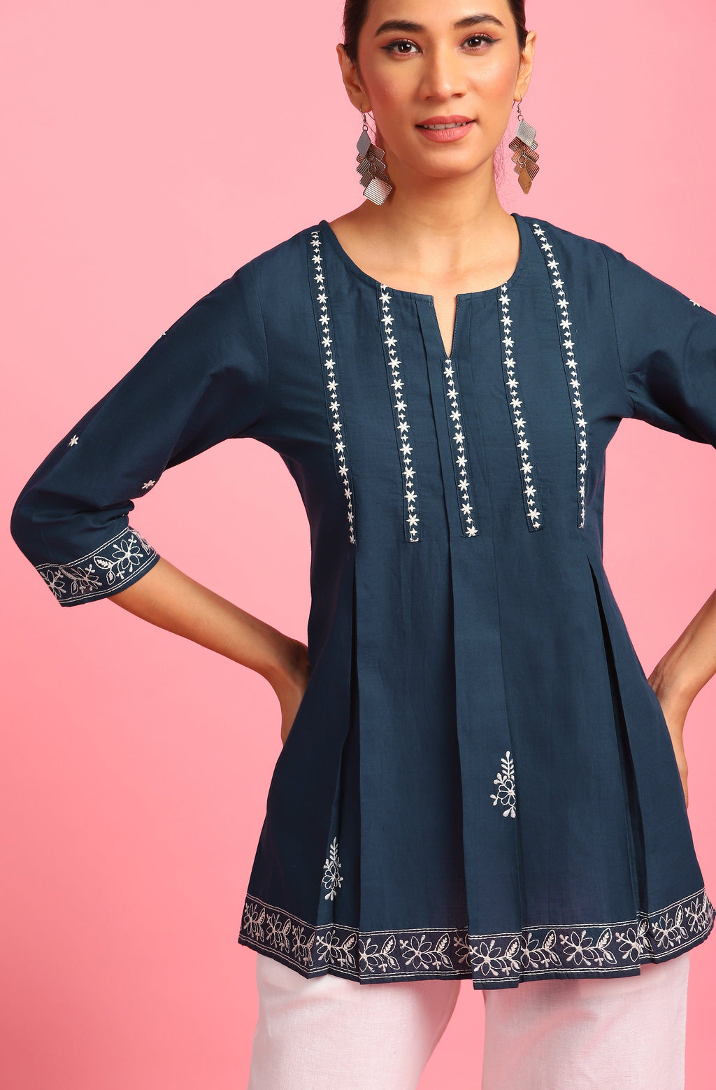 Janasya Women's Navy Blue Cotton Embroidered Trapeze Tunic - Distacart