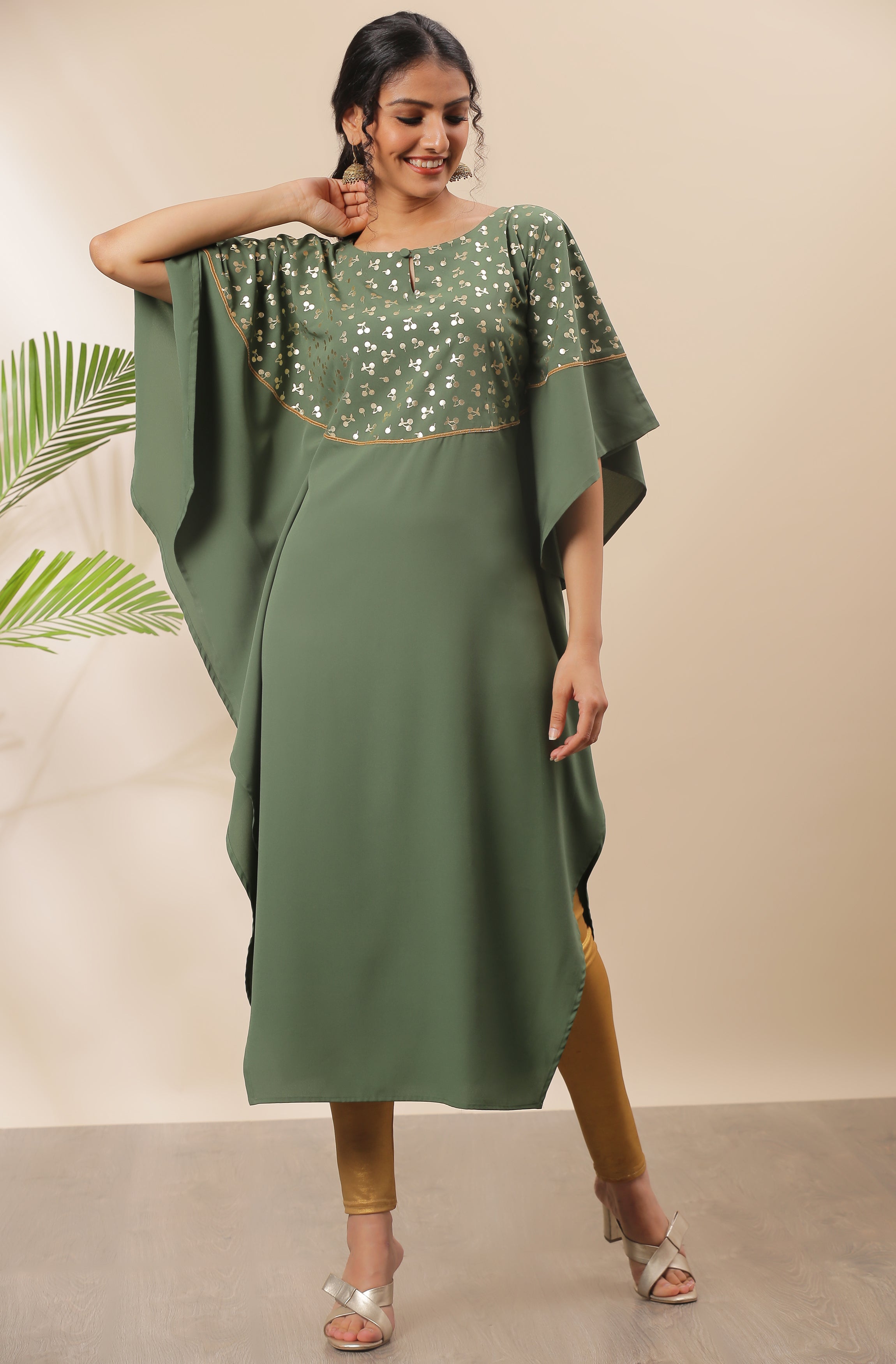 Janasya Green Poly Crepe Foil Print Kaftan kurta