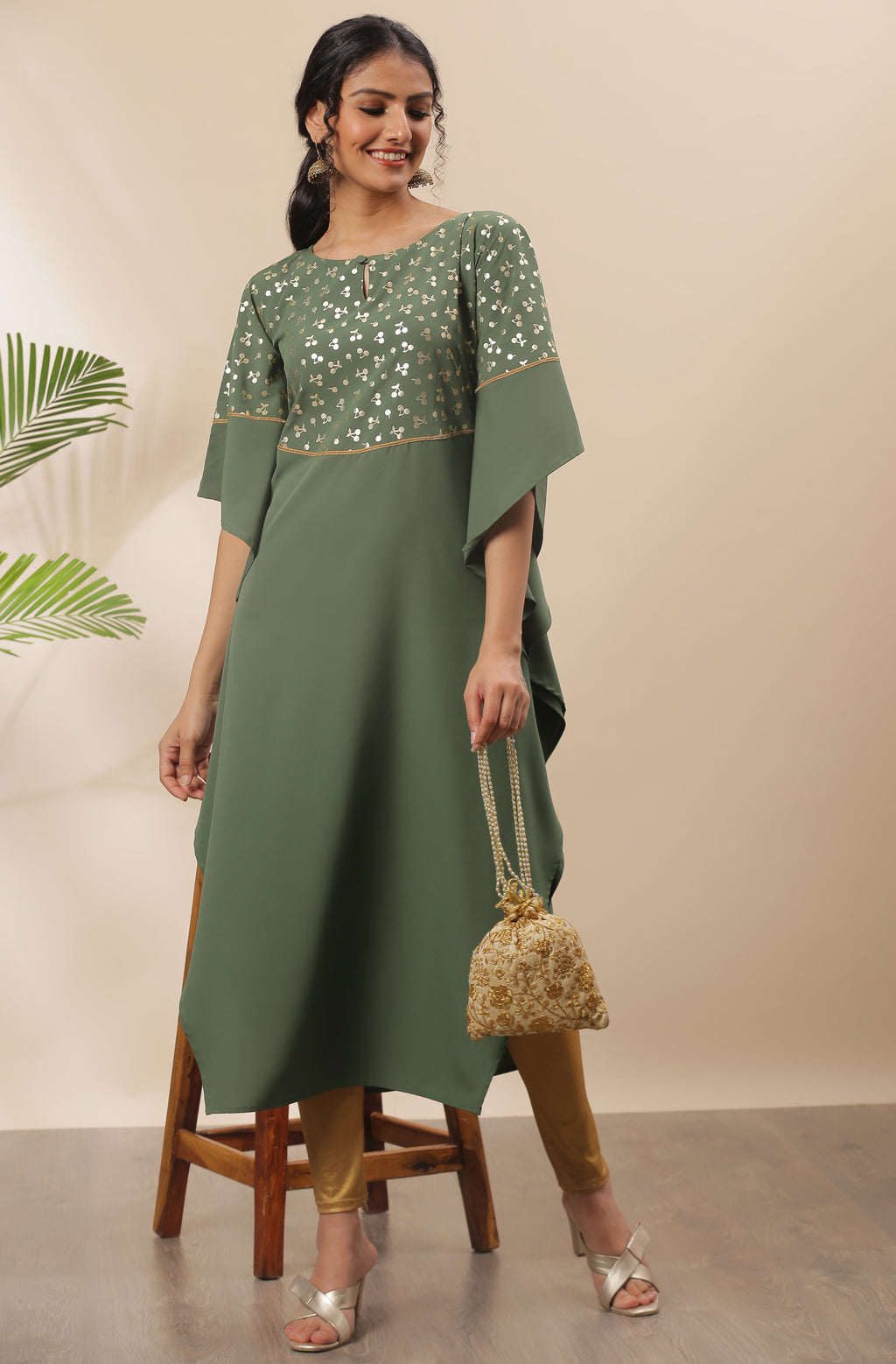 Janasya Green Poly Crepe Foil Print Kaftan kurta