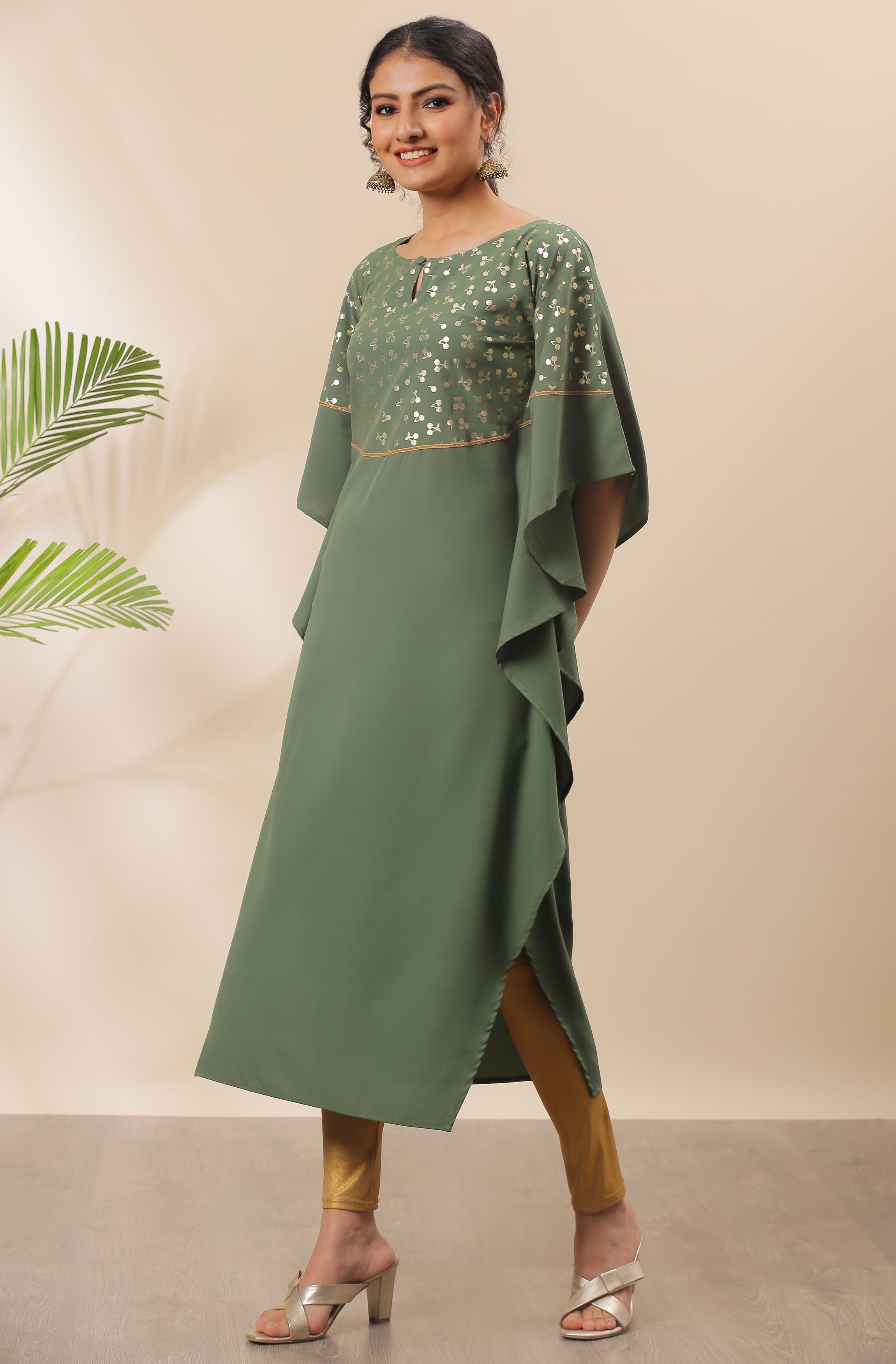 Janasya Green Poly Crepe Foil Print Kaftan kurta