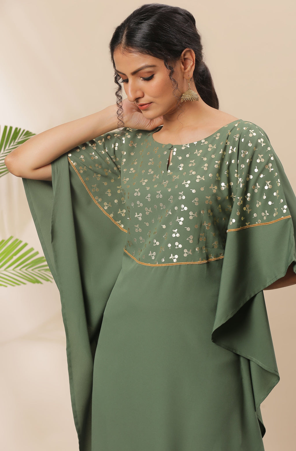 Janasya Green Poly Crepe Foil Print Kaftan kurta