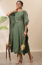 Janasya Green Poly Crepe Geometric Print Kaftan kurta