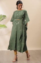 Janasya Green Poly Crepe Geometric Print Kaftan kurta