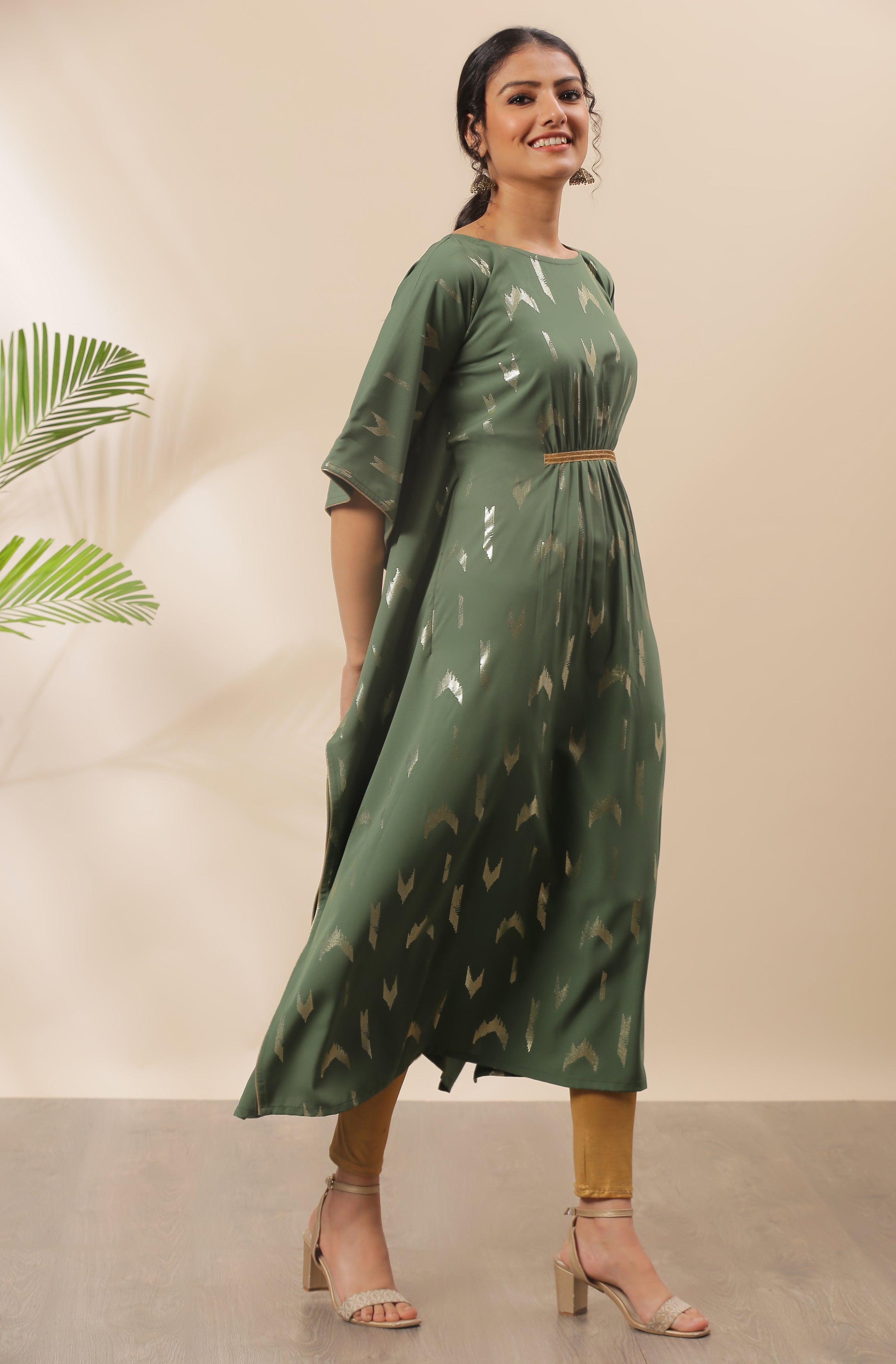 Janasya Green Poly Crepe Geometric Print Kaftan kurta