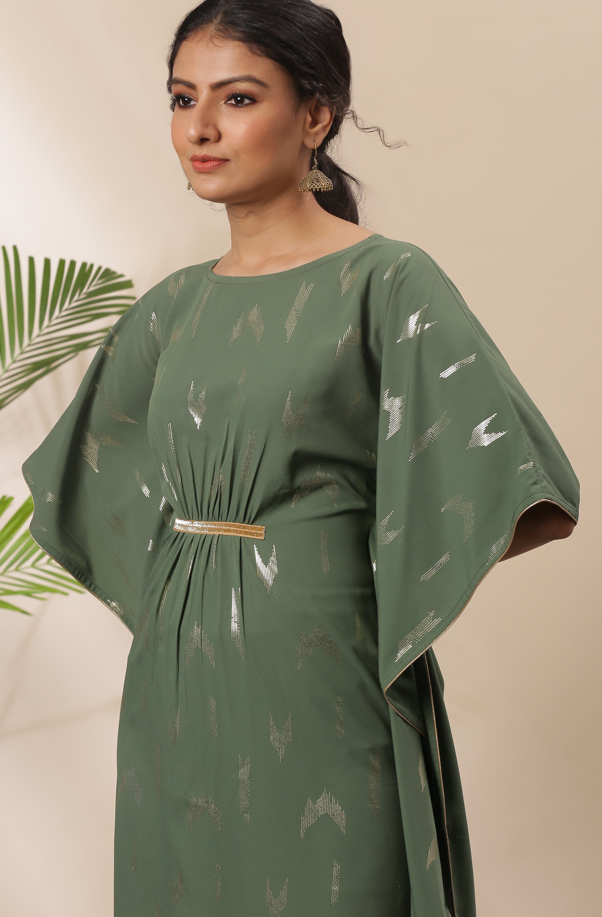 Janasya Green Poly Crepe Geometric Print Kaftan kurta