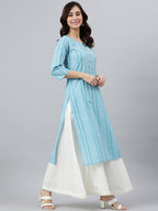 Janasya Women's Blue Cotton Striped Casual Straight kurta - Distacart