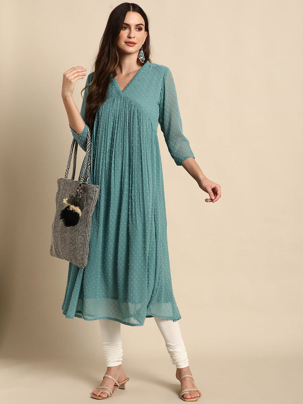 Indian Clothing Janasya Women's Green Poly Chiffon Self Design Casual Flared kurta
