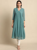 Indian Clothing Janasya Women's Green Poly Chiffon Self Design Casual Flared kurta