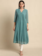 Indian Clothing Janasya Women's Green Poly Chiffon Self Design Casual Flared kurta