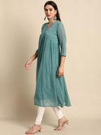 Indian Clothing Janasya Women's Green Poly Chiffon Self Design Casual Flared kurta