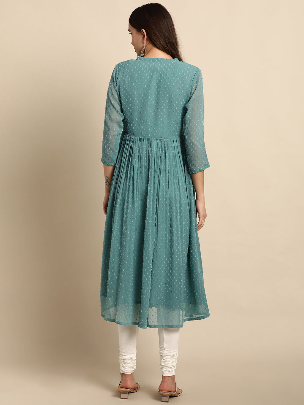 Indian Clothing Janasya Women's Green Poly Chiffon Self Design Casual Flared kurta