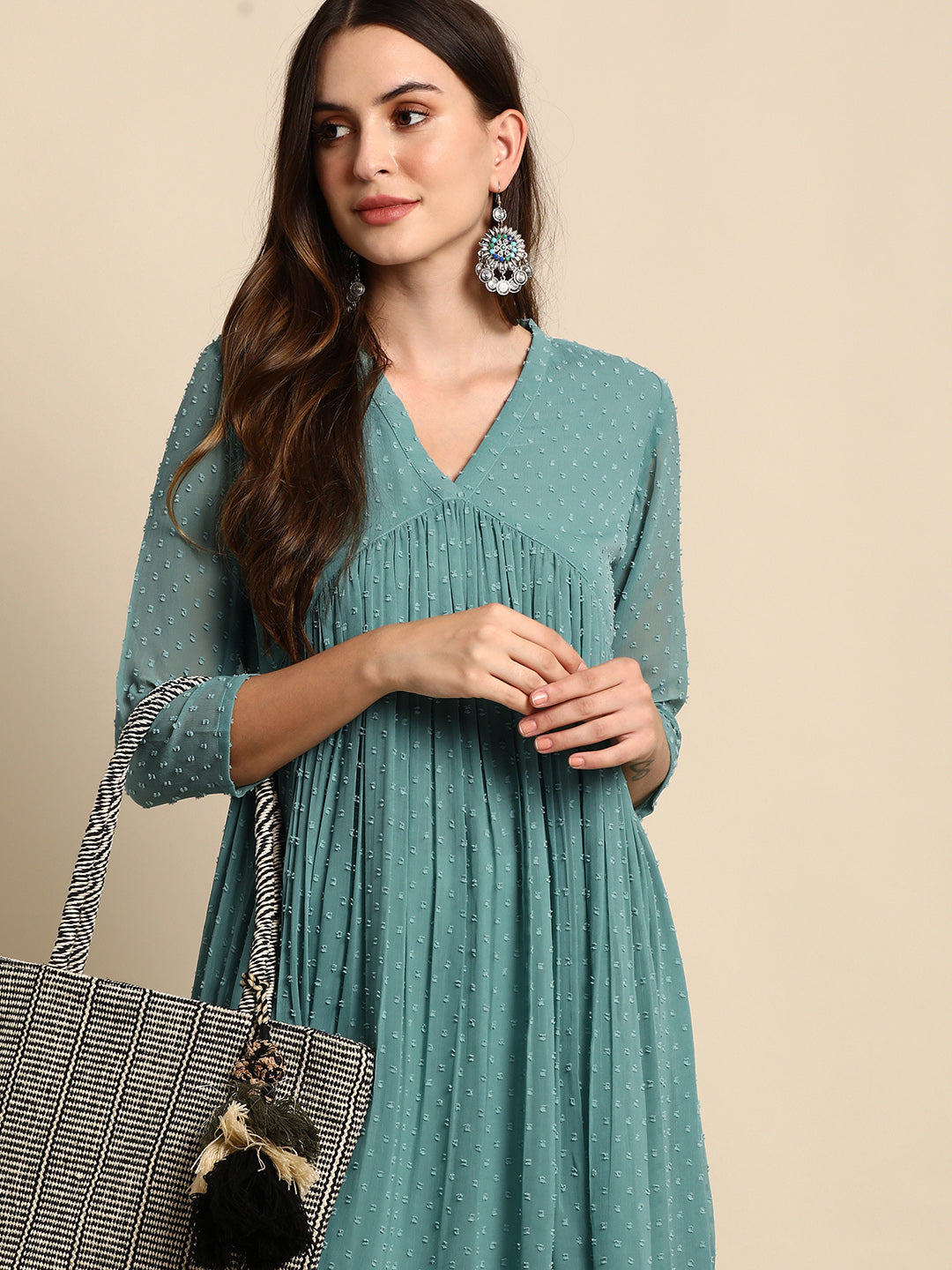 Indian Clothing Janasya Women's Green Poly Chiffon Self Design Casual Flared kurta