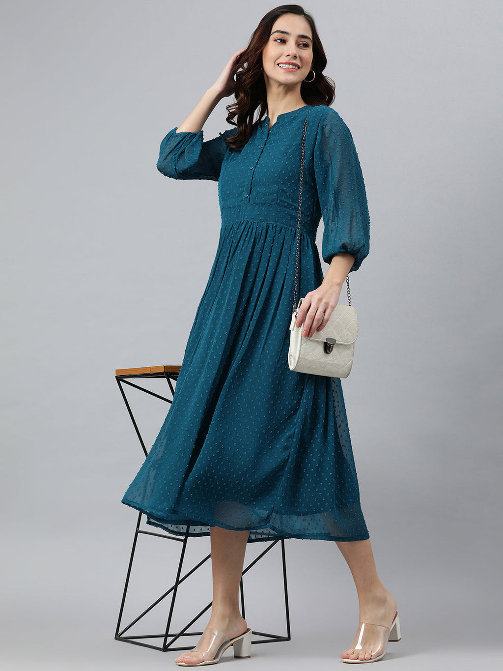 Janasya Women's Teal Poly Chiffon Self Design Flared Western Dress - Distacart