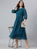 Janasya Women's Teal Poly Chiffon Self Design Flared Western Dress - Distacart