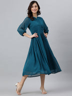 Janasya Women's Teal Poly Chiffon Self Design Flared Western Dress - Distacart