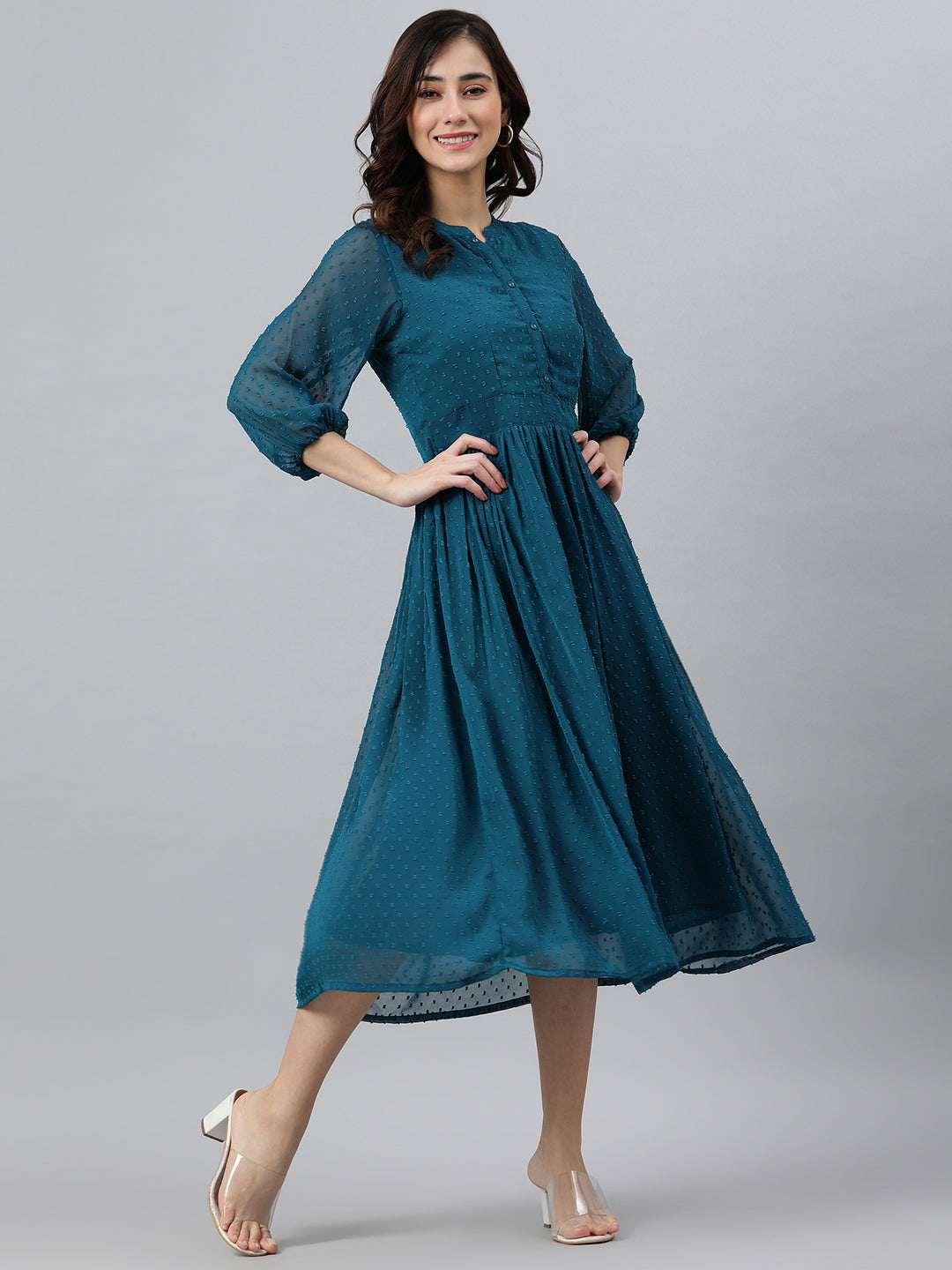 Janasya Women's Teal Poly Chiffon Self Design Flared Western Dress - Distacart
