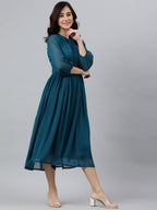 Janasya Women's Teal Poly Chiffon Self Design Flared Western Dress - Distacart