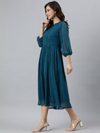 Janasya Women's Teal Poly Chiffon Self Design Flared Western Dress - Distacart