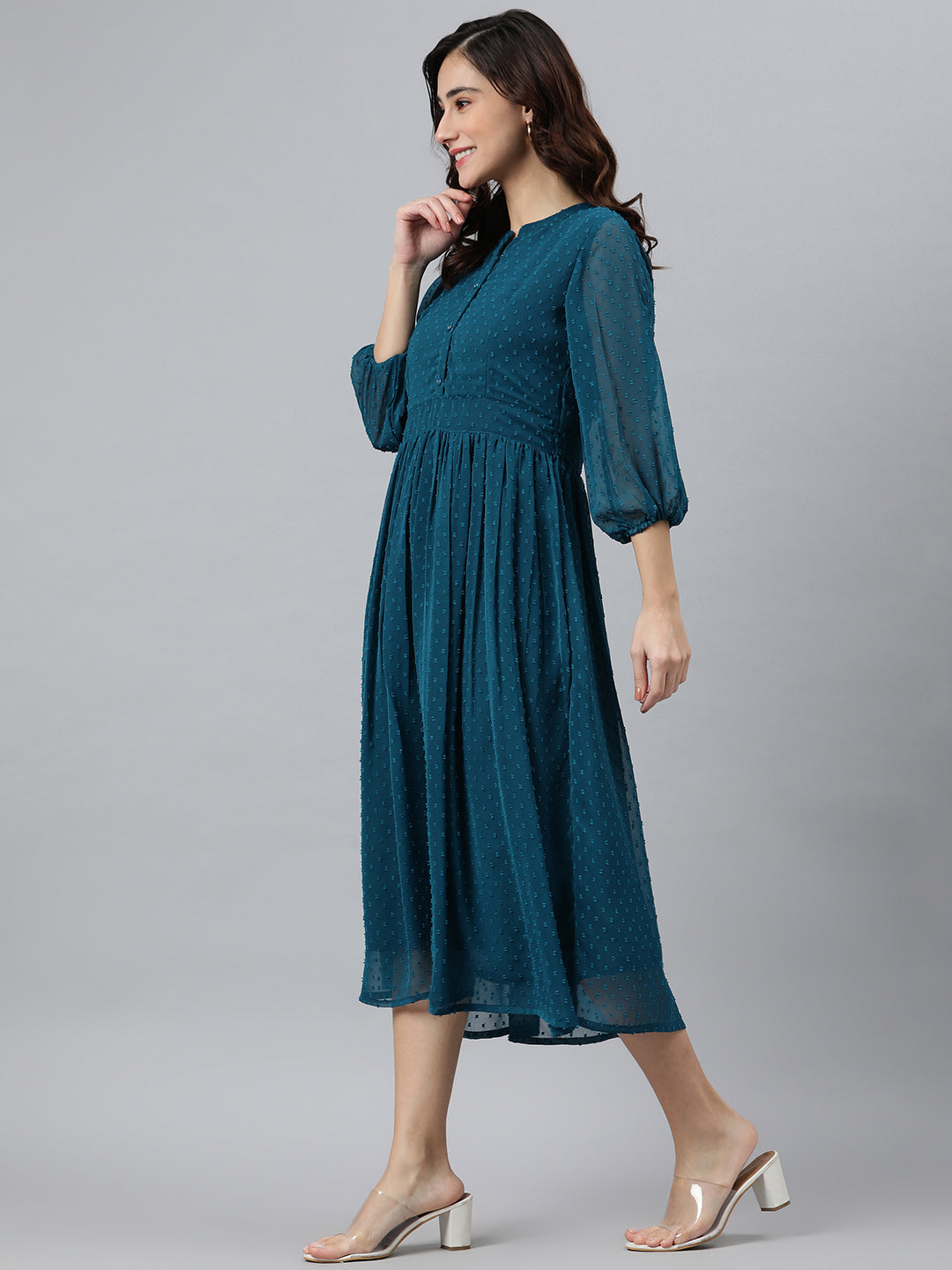Indian Clothing Janasya Women's Teal Poly Chiffon Self Design Casual Flared kurta