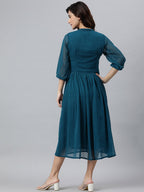 Janasya Women's Teal Poly Chiffon Self Design Flared Western Dress - Distacart