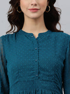 Indian Clothing Janasya Women's Teal Poly Chiffon Self Design Casual Flared kurta