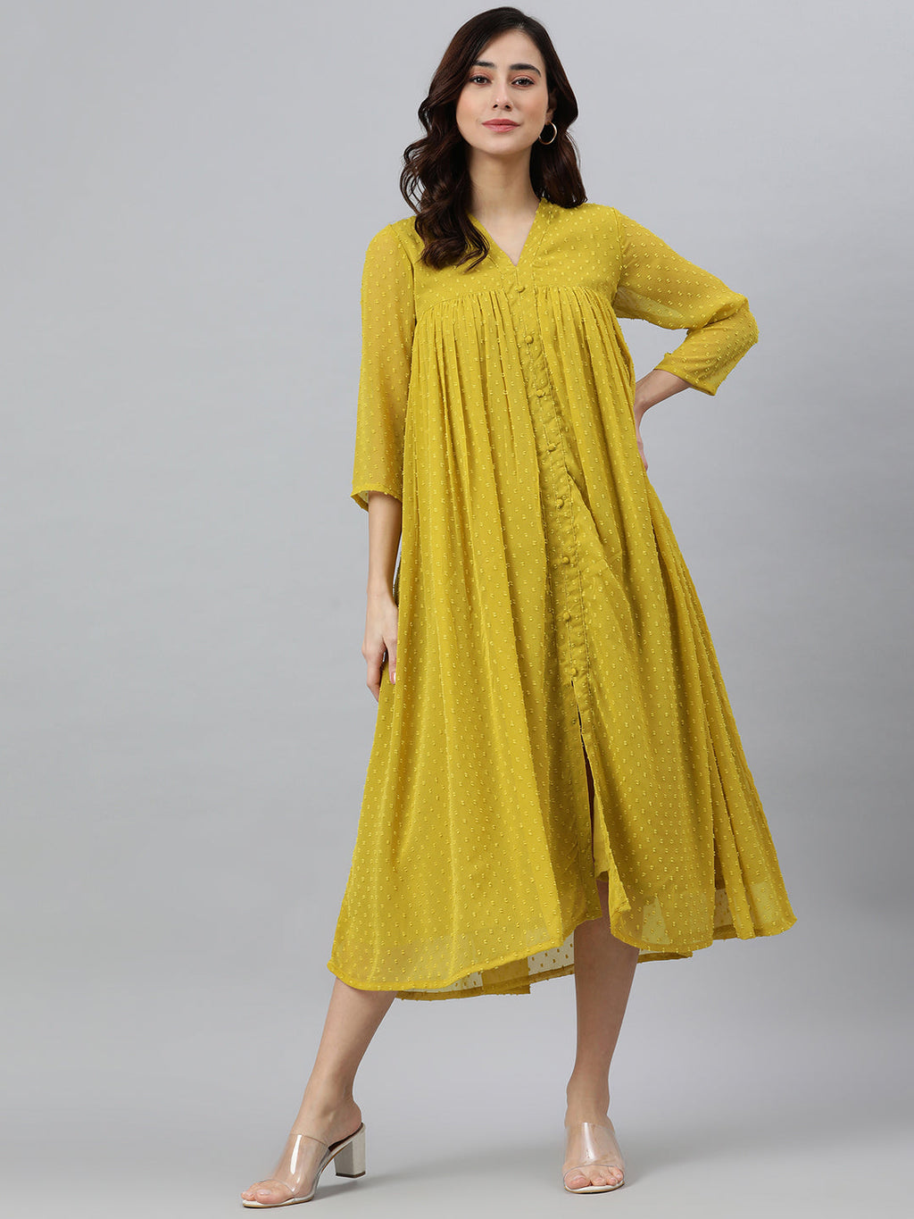 Janasya Women's Mustard Poly Chiffon Self Design Frontslit Western Dress - Distacart