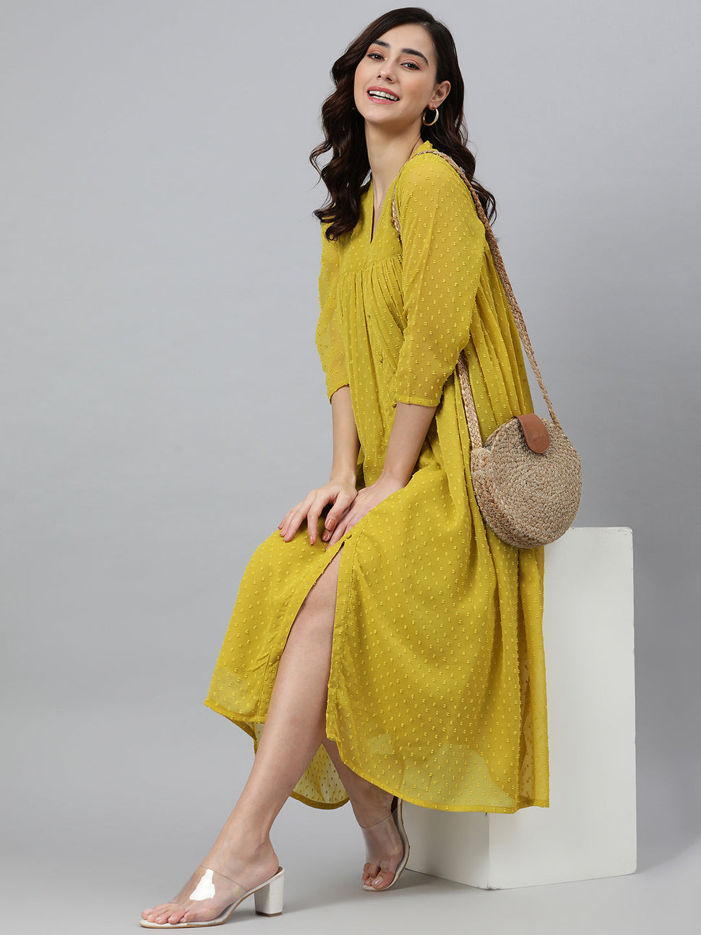 Janasya Women's Mustard Poly Chiffon Self Design Frontslit Western Dress - Distacart
