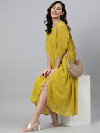 Janasya Women's Mustard Poly Chiffon Self Design Frontslit Western Dress - Distacart