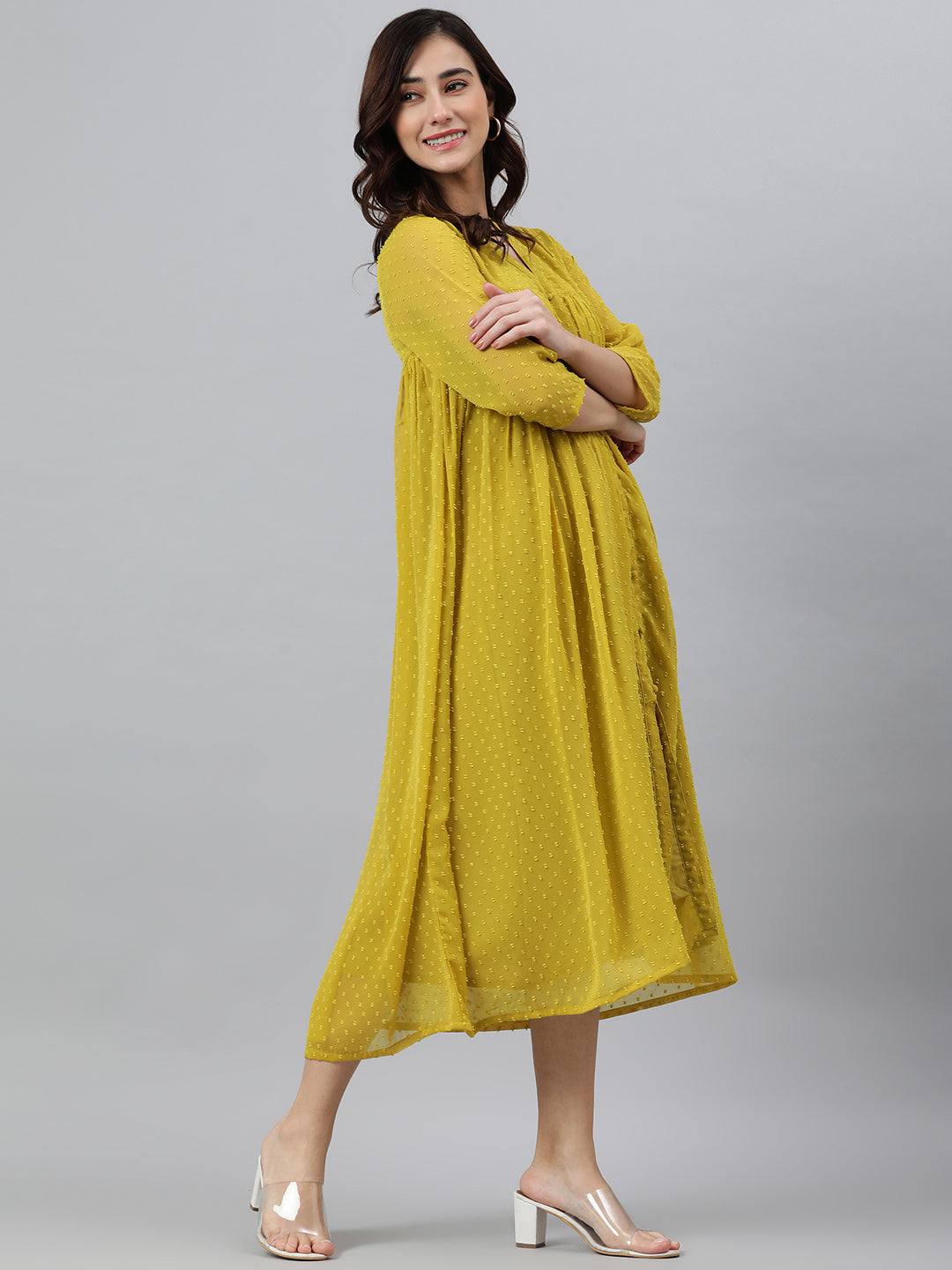 Janasya Women's Mustard Poly Chiffon Self Design Frontslit Western Dress - Distacart